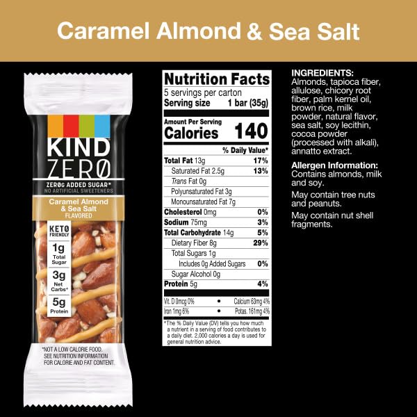 KIND ZERO Added Sugar Bars, Caramel Almond & Sea Salt, Keto Friendly Snacks, Gluten Free, 5g Protein, 5 Count