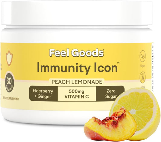 Feel Goods Immunity Icon, Zero Sugar, Vitamin C, A, B, D, E & Zinc, Organic Elderberry, Ashwagandha, Drink Mix Powder, Vegan, Non GMO, Caffeine & Gluten Free | Peach Lemonade, 30 Servings