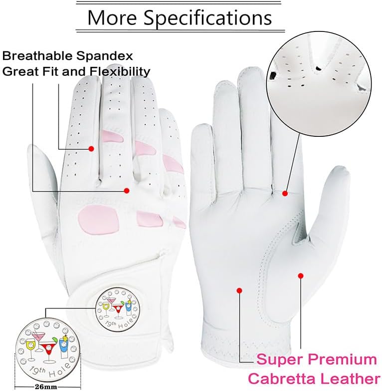 Golf Gloves Women Leather with Ball Marker 3 Pack, Left Hand Right Stylish Pink All Weather Grip Breathable Glove, Fit Sizes Small Medium Large for Womens Ladies