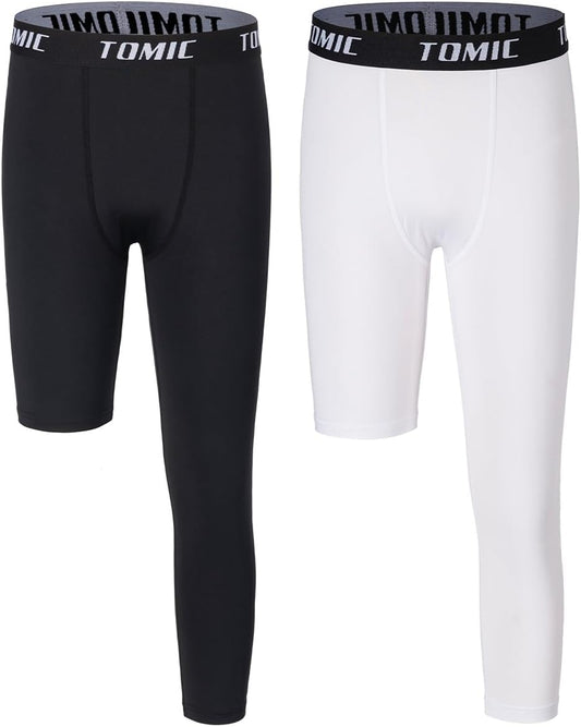 Tomic Youth Boys Kids One Leg 3/4 Leggings Compression Pants for Basketball Soccer Sports Athletic Training Tights Base Layer