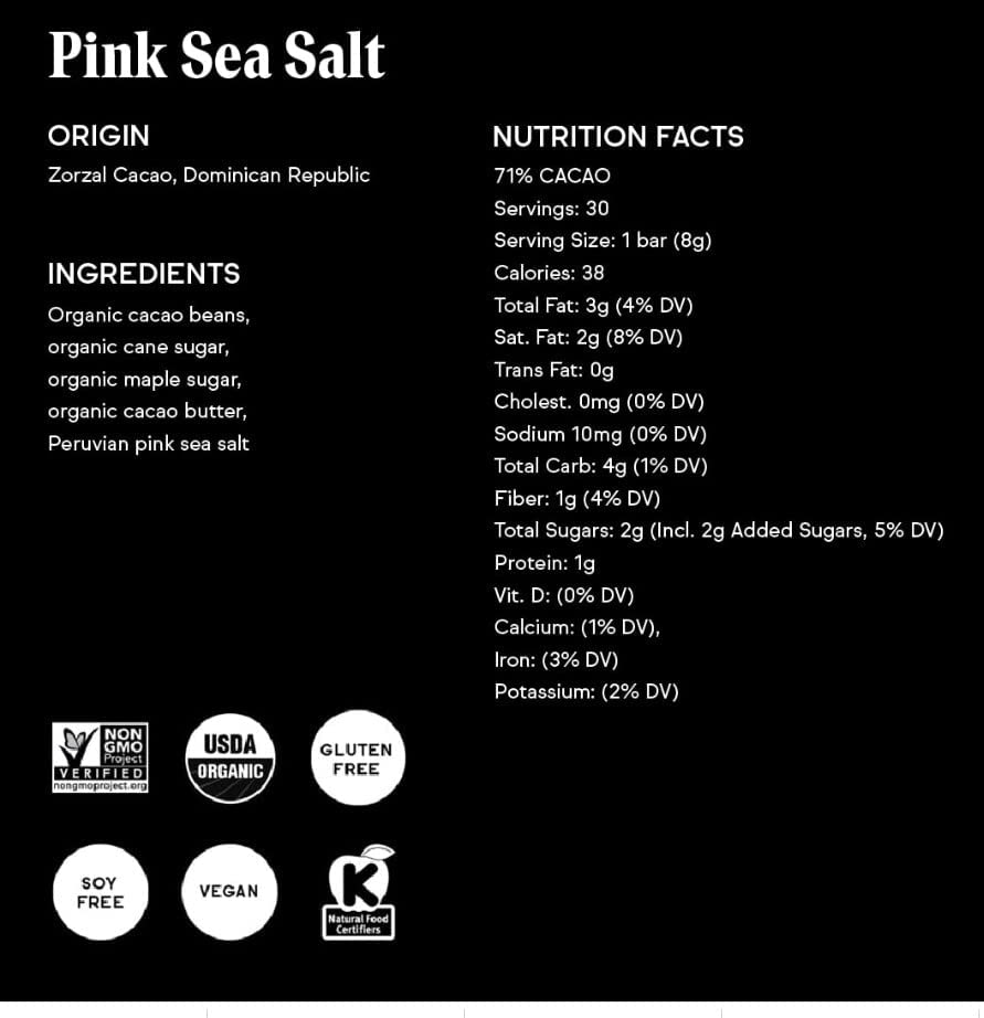 Raaka Pink Sea Salt Chocolate Gift Box | 71% Cacao Dark Chocolate | Organic, Vegan, Gluten Free | Box of 30 Individually Wrapped Chocolates