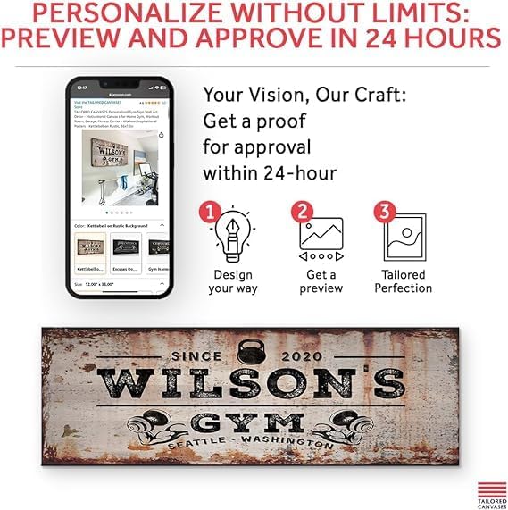 TAILORED CANVASES Personalized Gym Sign Wall Art Decor - Motivational Canvas s for Home Gym, Workout Room, Garage, Fitness Center - Workout Inspirational Posters - Kettlebell on Rustic, 48x16in