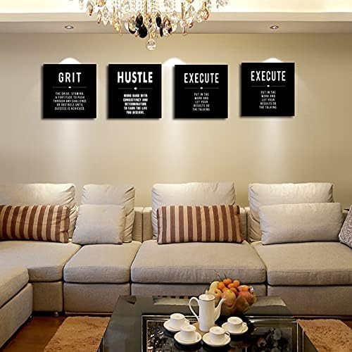 Motivational Grit Success Execute Success Quotes Canvas Wall Art -Inspirational Office Wall Art Poster Quotes - Canvas Artwork Picture Print Framed for Home Bedroom Office Wall Decor-16 x16 x4pcs