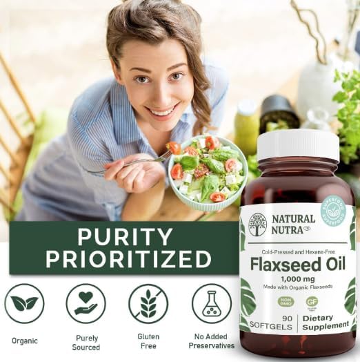 Natural Nutra Organic Flaxseed Oil Softgels, Promotes Hairs Growth, Help in Weight Loss, Helps Boost Immune System, Promotes Healthy Nervous System & Hair Growth, Omega 3 6 9, 1000 mg, 90 Softgels