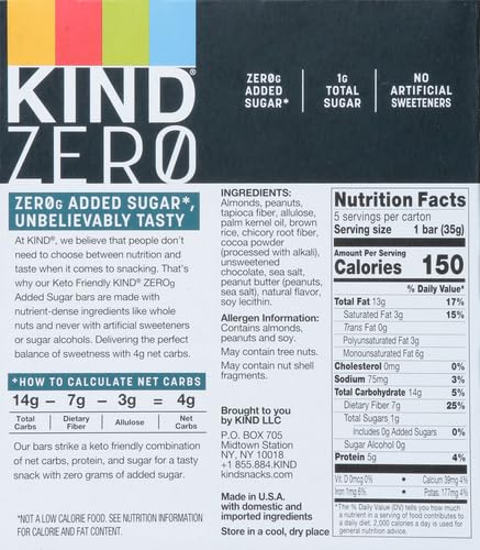 KIND ZERO Added Sugar Bars, Dark Chocolate Nuts and Sea Salt, Keto Friendly Snacks, Gluten Free, 5g Protein, 5 Count