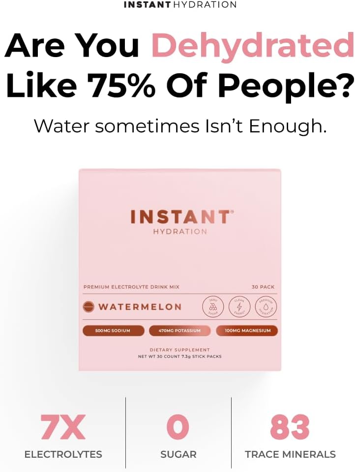 Instant Hydration Electrolytes Powder Packets - Watermelon Electrolyte Drink Mix - Zero Sugar - Keto, Vegan, Gluten-Free, Non-GMO - Boost Recovery, Brain Health, Muscle & Tissue Support- 30 Sticks