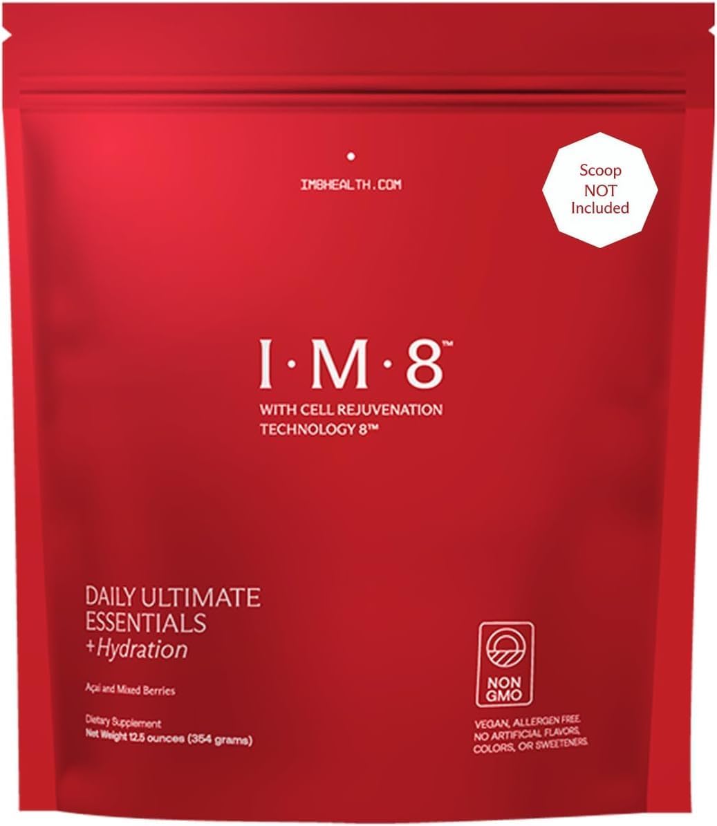 IM8 Daily Ultimate Essentials All-in-1 Multivitamin Supplement, 92 Nutrient Rich Ingredients CoQ10, Probiotics, Vitamins, Greens, GF, Acai Mixed Berry (30 Servings, Refill Pouch)
