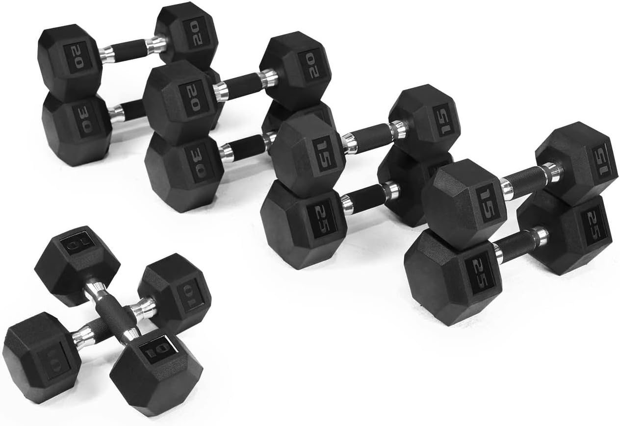 WF Athletic Supply Rubber Encased Hex Dumbbells with Rubber Grip Contoured Handle for Muscle Toning, Strength Building & Full Body Workout
