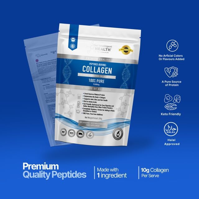 The Intelligent Health Hydrolyzed Collagen Peptides Powder, Grass Fed, High Protein, Unflavored, Gluten-Free, Paleo & Keto Friendly, 10g per Serving (200g) Supports Skin, Hair, Nails, Joints, & Bones