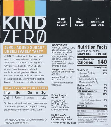 KIND ZERO Added Sugar Bars, Caramel Almond & Sea Salt, Keto Friendly Snacks, Gluten Free, 5g Protein, 5 Count