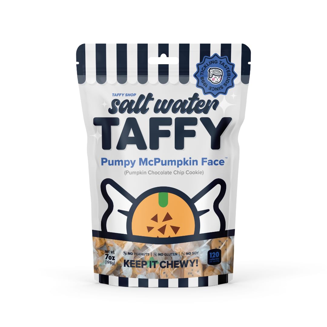 Taffy Shop Pumpy McPumpkin Face, Pumpkin Chocolate Chip Cookie Salt Water Taffy Gourmet Soft Chewy Candy, Bulk Sweet Snack, Fresh Gift & Gluten-Free, 140 Individually Wrapped Pieces (32oz)