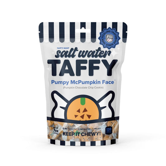 Taffy Shop Pumpy McPumpkin Face, Pumpkin Chocolate Chip Cookie Salt Water Taffy Gourmet Soft Chewy Candy, Bulk Sweet Snack, Fresh Gift & Gluten-Free, 140 Individually Wrapped Pieces (32oz)