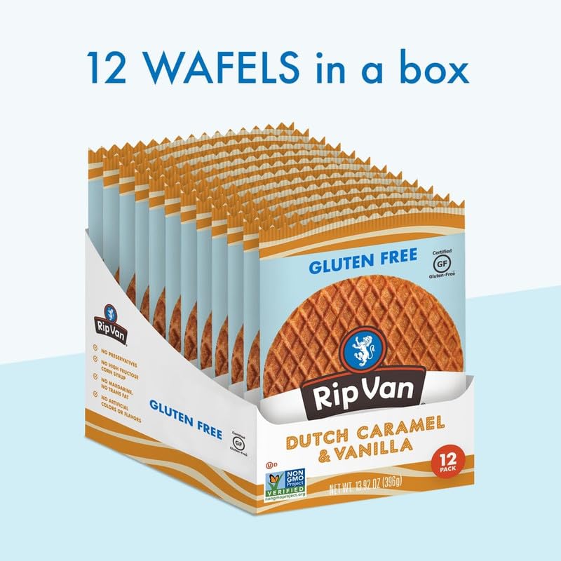 Rip Van Wafels Gluten-Free Stroopwafel - Dutch Caramel & Vanilla Stroopwafels Healthy Snacks Non-GMO Low Sugar (6g) Calorie, 12 Count