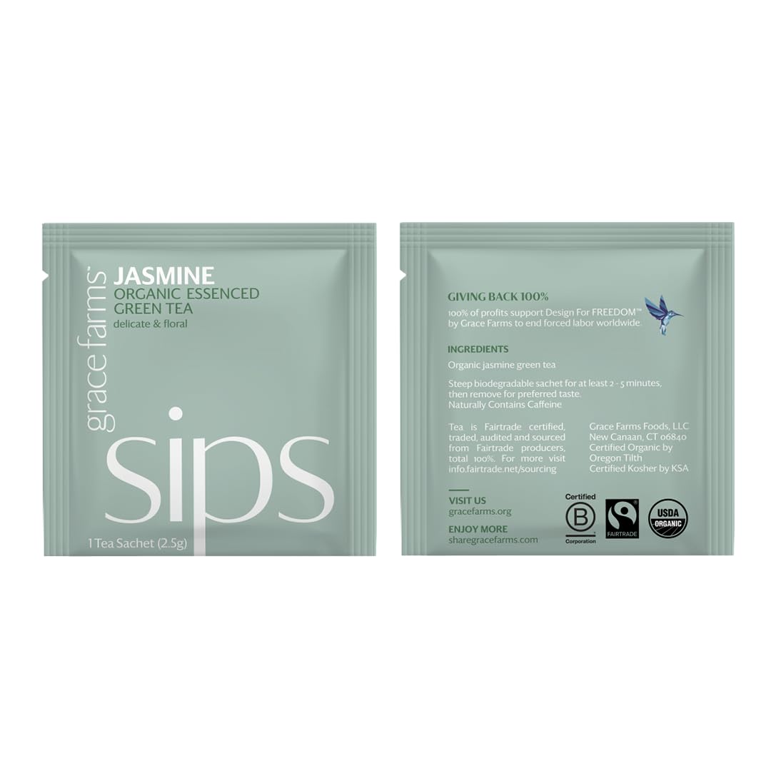 Grace Farms Organic JASMINE Green Tea (100 Enveloped Pyramid Sachets w/String & Tag) | Fragrant and Sweet | Fairtrade and Kosher Certified | Best Green Tea | Gives Back 100% of Profits