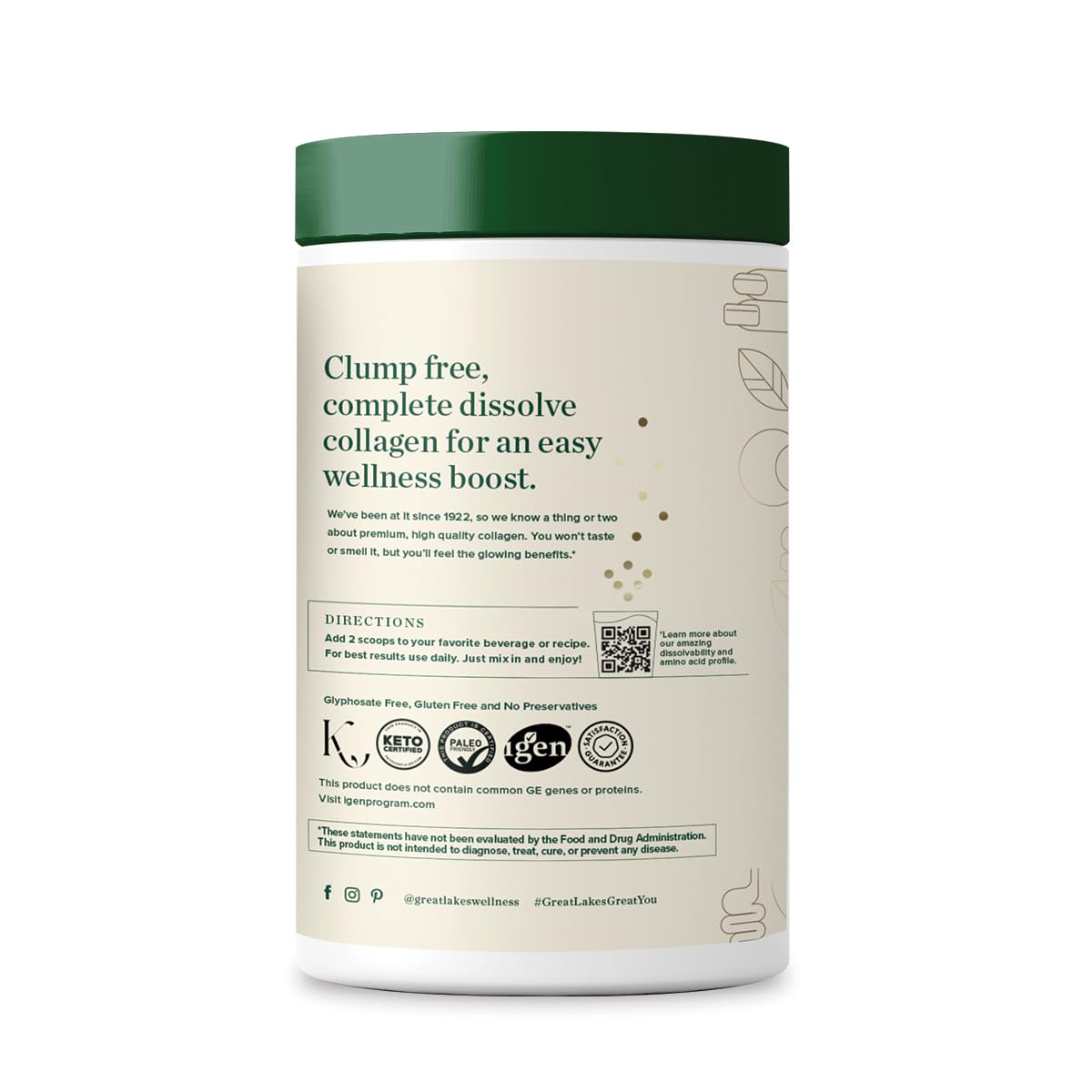 Great Lakes Wellness Collagen Peptides Powder for Skin, Hair, Nails, Joints & Digestion - Unflavored - Quick Dissolve Hydrolyzed, Non-GMO, Keto, Kosher - 16oz