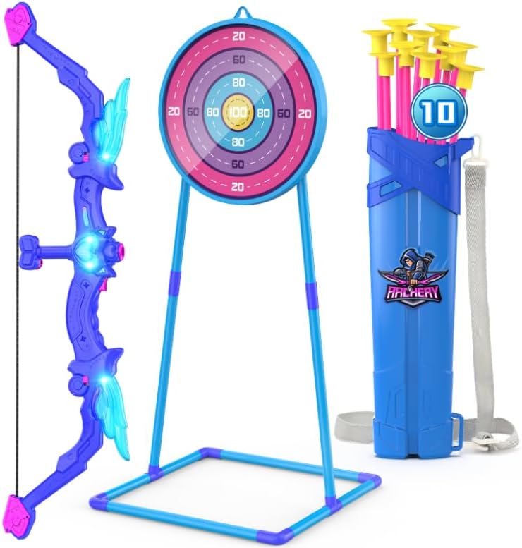 Kids Bow and Arrow Toy, Angel Light Up Archery Set W/ 10 Suction Cup Arrows, Targets & Quiver, Outdoor/Indoor Games for Kids Ages 4-7 8-12, Birthday Gifts for 4 5 6 7 8 9 10 11 12 Year Old Boys Girls