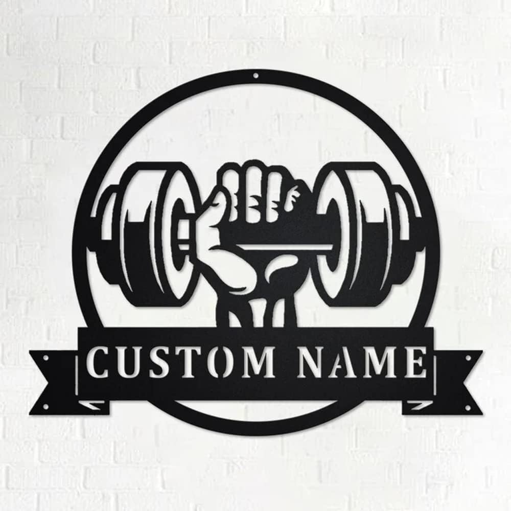 Personalized Metal Gym Sign - Custom Name Barbell Dumbbell Laser Cut Weightlifting Exercise Wall Decor