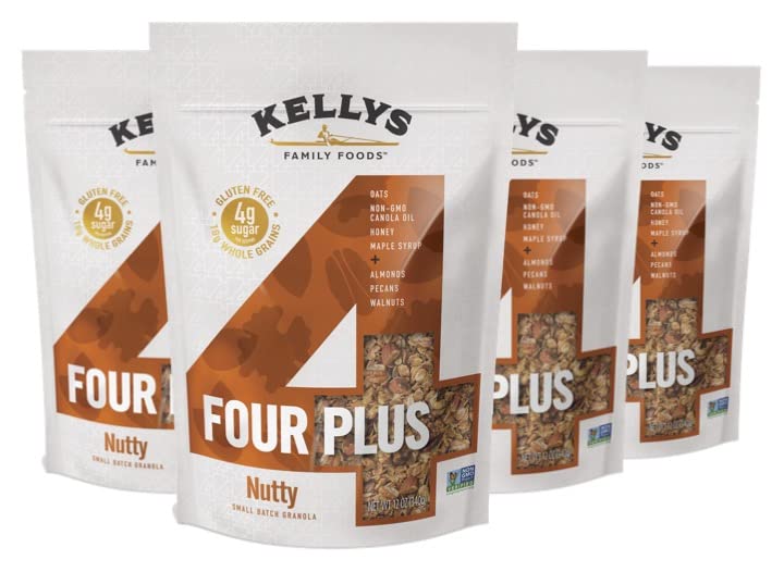 Kelly's Four Plus (Nutty) Healthy Granola Cereal with Whole Grain Oats, Honey, Maple Syrup - Non-GMO, Low Sugar, Sodium Free and Gluten Free Granola for Yogurt - 12oz (Pack of 4)