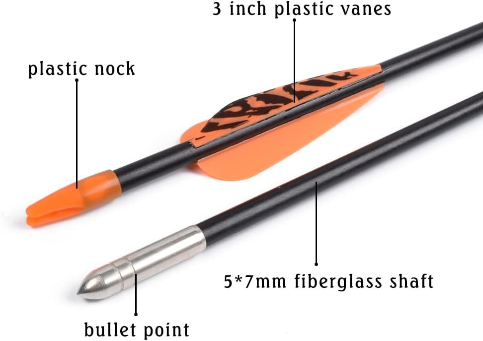 6875 Fiberglass Arrows Archery 24/26/28/30 Inch Target Shooting Safetyglass Recurve Bows Suitable for Youth Children Woman Beginner 6 or 12pcs/Pack (tigerspot Orange Vanes)