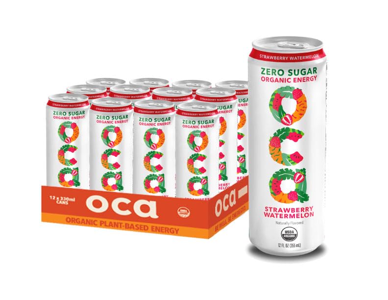 OCA ZERO Strawberry Watermelon, Organic energy drink, zero sugar, gluten-free, vegan plant-based, 12 Fl Oz (12-pack)