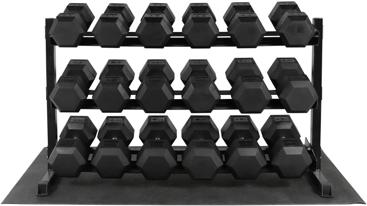 WF Athletic Supply Rubber Coated Hex Dumbbell Set, Multiple Choices Available - Dumbbells with Rack Stand and Mat, or Dumbbells Only (200/550/1200/2100/3000 LB)