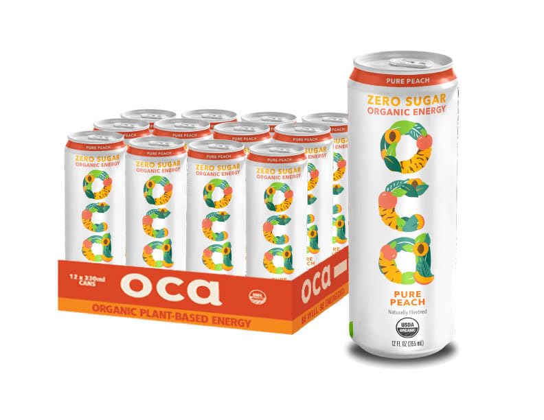 OCA ZERO Pure Peach, Organic energy drink, zero sugar, gluten-free, vegan plant-based, 12 Fl Oz (12-pack)
