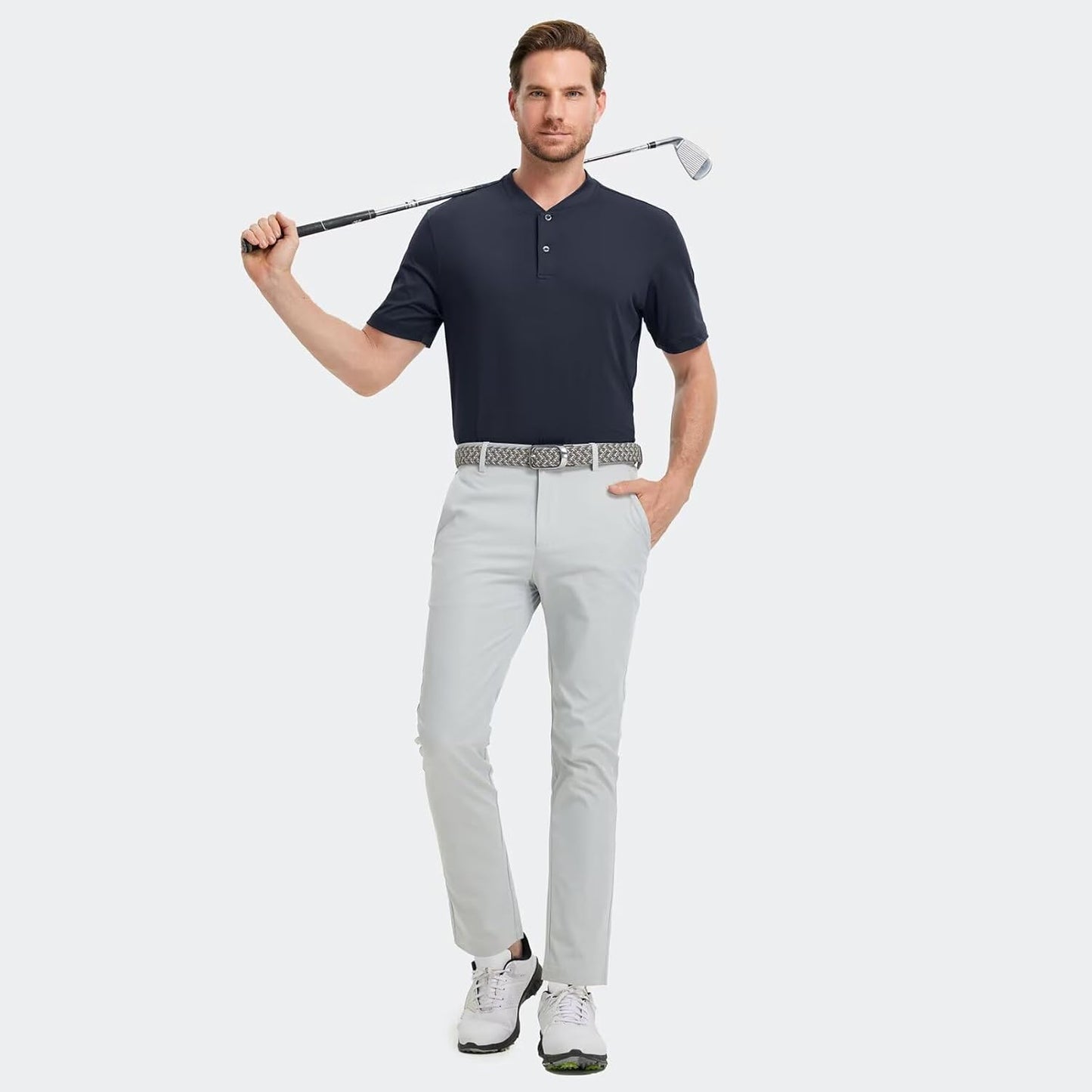 M MAELREG Collarless Golf Shirts for Men Dry Fit Moisture Wicking Performance Solid Casual Mens Henley Shirts Short Sleeve