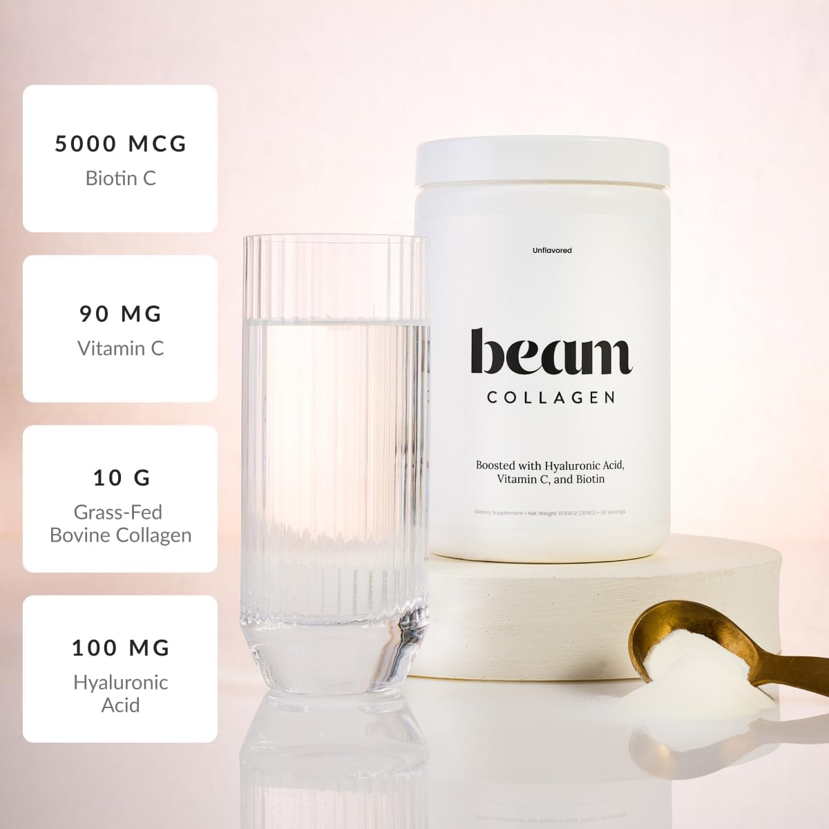 Beam Collagen Powder, Collagen for Women, Collagen with Hyaluronic Acid, Collagen Peptides Type 1 and 3, with Biotin, Grass Fed Bovine, Third-Party Tested, Best for Coffee, Vitamin C, 5 Servings