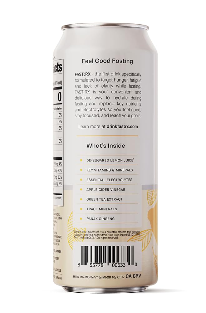 FASTRX Meyer Lemon Sparkling Fasting Electrolyte Drink – Hunger Suppressant, Includes Essential Electrolytes and Vitamins, De-Sugared Lemon Juice – Zero Sugar, 16 Fl Oz, Pack of 12