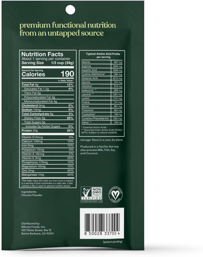 Mikuna Chocho Superfood Protein, Plant-Based Protein Powder, Travel Packs - Vegan, Gluten Free, 3g Net Carbs or Less, and Bioavailable, Non-Isolate (8 Servings, Pure Chocho)