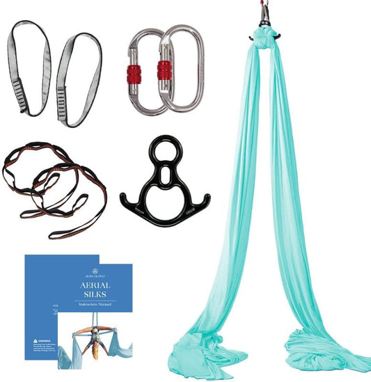 Aerial Silks Starter Kit - Durable 9 Yards of Aerial Yoga Hammock with Hardware & Guide - Aerial Swing for Acrobatic Flying Yoga & All Levels (Aerial Rigging Point Up to 13ft)