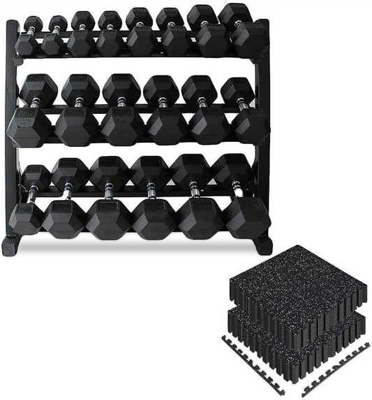 350/450/550lb Hex Dumbbell Set with Vertical Weight Rack (5-50 Lbs Rubber Coated Cast Iron) & 12-Piece EVA Gym Floor Mat Bundle (48 Sq Ft, 24"x24") - Non-Slip Handles, Heavy Duty Storage, Home Gym Essentials