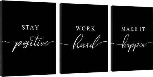 Work Hard Canvas Wall Art - Success Quote, Office Decor - Black Large Poster, Positive Motivational Set of 3 Prints (16x24in x 3pcs)