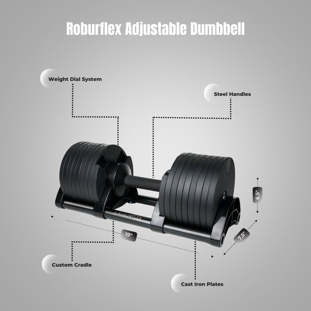 Adjustable Dumbbell (Single) by ROBURFLEX for Workout Strength Training Fitness Home Gym
