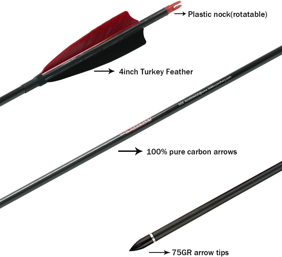 Linkboy Archery Pure Carbon Arrows Spine 300 340 400 500 600 700 800 900 1000 for Compound Recurve Bow Hunting Shooting Target 12pcs