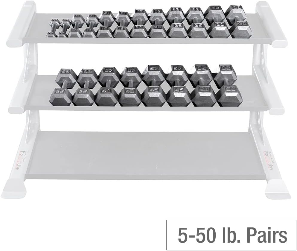 Body Solid (GDR60-RFHEX) 5-50 lb Cast Iron Hex Dumbbell Set Includes Heavy Duty 2-Tier Dumbbell Rack, Commercial and Home Gym Weight Holder Organizer for Dumbbells
