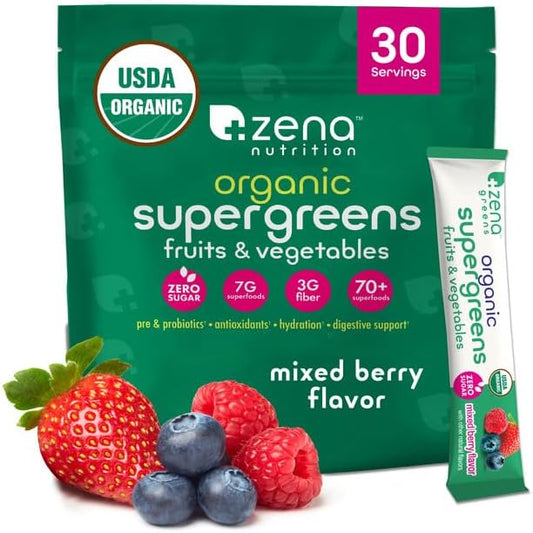 Zena Nutrition Organic Super Greens Powder, 70+ Superfoods, 0 Sugar, 3G Fiber, Spirulina, Chlorella, Antioxidants, Prebiotics/Probiotics, Digestive Enzymes, Mixed Berry, 30 Drink Mix Packets