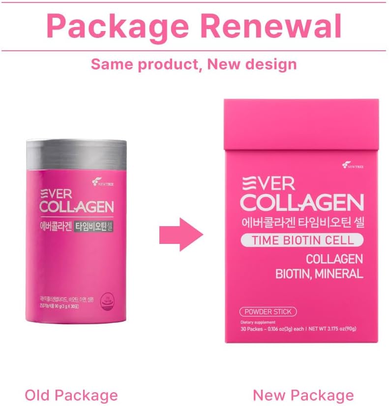 NEWTREE Biotin Cell Low Molecular Weight Marine Collagen Peptides Powder Packet, Protein Powder Supplement for Skin Hair Nail, Travel Packs - Taking Without Water, 30 Sticks