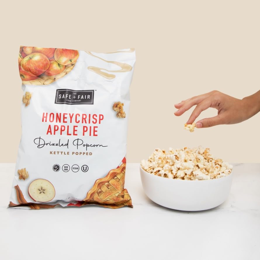 Safe + Fair Plant-Based Gourmet Apple Pie Flavored Popcorn - Honeycrisp Apple Pie Drizzled Kettle Corn Popcorn - Non-GMO + Gluten-Free Snacks,5.5oz