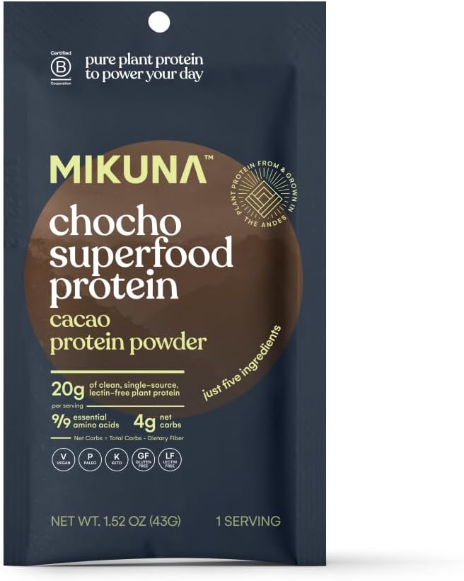 Mikuna Chocho Superfood Protein, Plant-Based Protein Powder, Travel Packs - Vegan, Gluten Free, 3g Net Carbs or Less, and Bioavailable, Non-Isolate (8 Servings, Cacao)