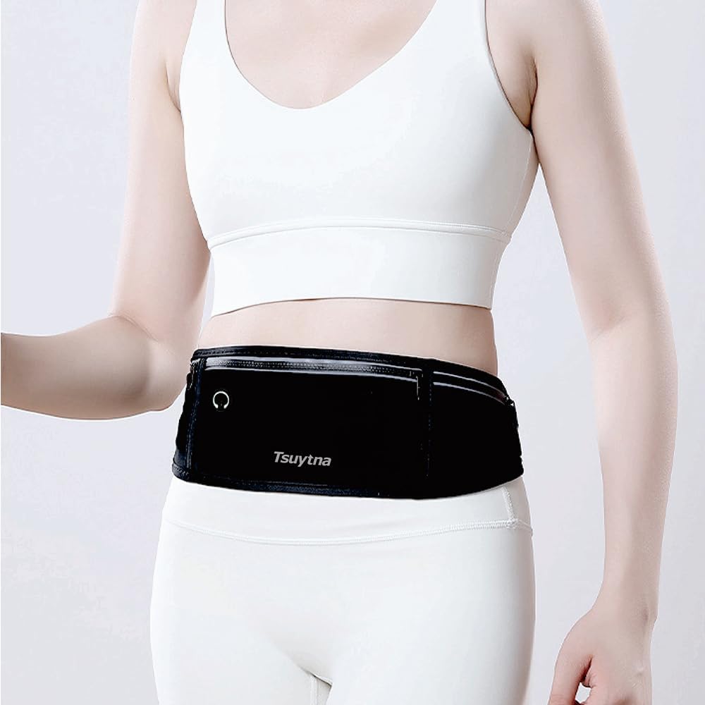 Running Belt for Women & Men - Slim Phone running belt with Water-Resistant Phone Holder, 3 pockets Adjustable Waist Strap, Reflective Safety Design for Running, Hiking, Travel，Fitness(Black)