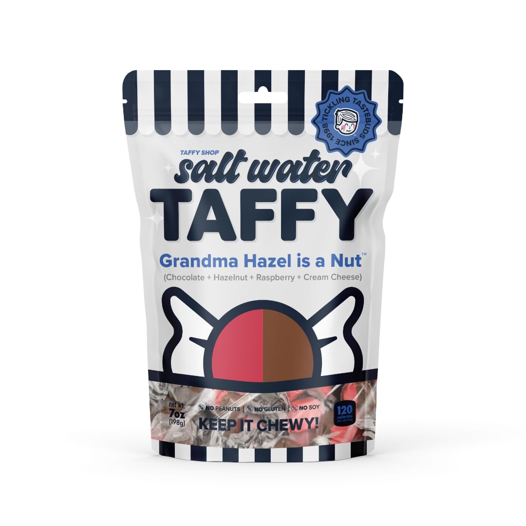 Taffy Shop Grandma Hazel is a Nut, Chocolate Hazelnut Raspberry Cream Cheese Salt Water Taffy Gourmet Soft Chewy Candy, Bulk Sweet Snack & Gluten-Free, 35 Individually Wrapped Pieces (7oz)