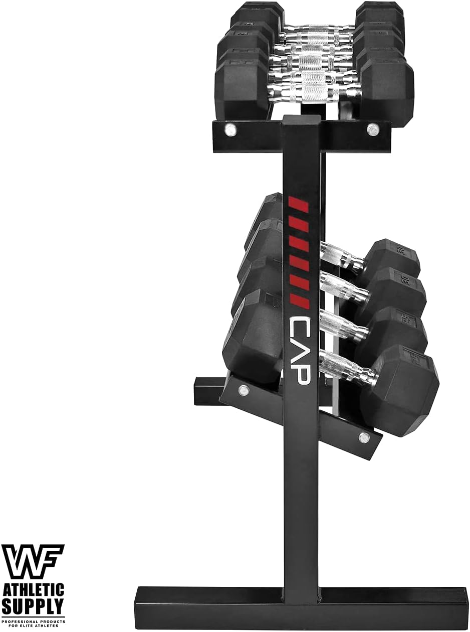 WF Athletic Supply Rubber Coated Hex Dumbbell Set with Two Tier Premium Storage Rack Built for Strength Building, Weight Loss & Home Gym – Multiple Sets Available