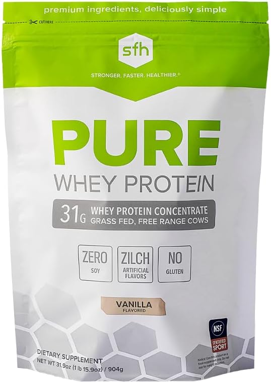 SFH Pure Whey Protein Powder (Vanilla) Best Tastin Grass Fed Whey | All Natural | Non-GMO, No Artificials, Soy Free, Gluten Free | (Vanilla, 31.9 Ounce (Pack of 1)