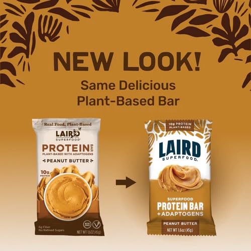Laird Superfood Functional Protein Bars – Protein Bar but Better with Real Ingredients, Functional Mushrooms 10g Plant-Based Protein, 6g Fiber - Non-GMO - Peanut Butter, 10 Count (Pack of 1)