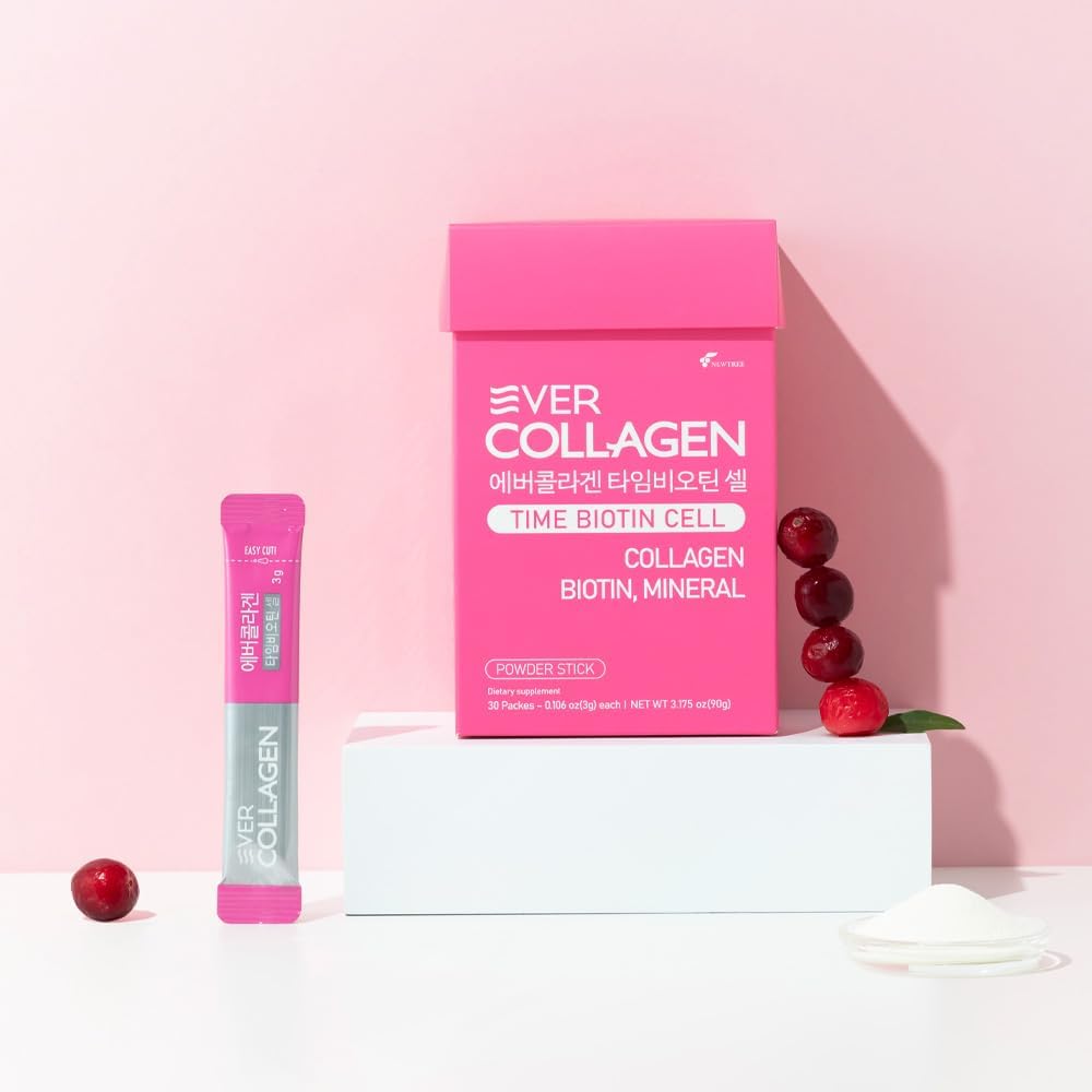 NEWTREE Biotin Cell Low Molecular Weight Marine Collagen Peptides Powder Packet, Protein Powder Supplement for Skin Hair Nail, Travel Packs - Taking Without Water, 30 Sticks