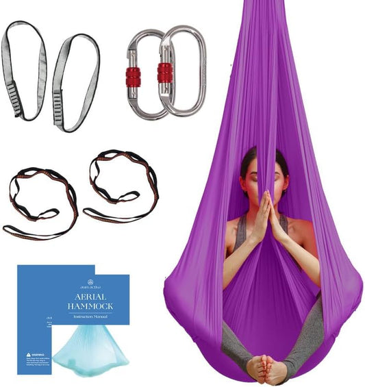 Aerial Silk Yoga Hammock & Swing for Home, Inversion Exercises, Starter Kit for All Levels - Durable with Extension Straps, Carabiners, and Pose Guide