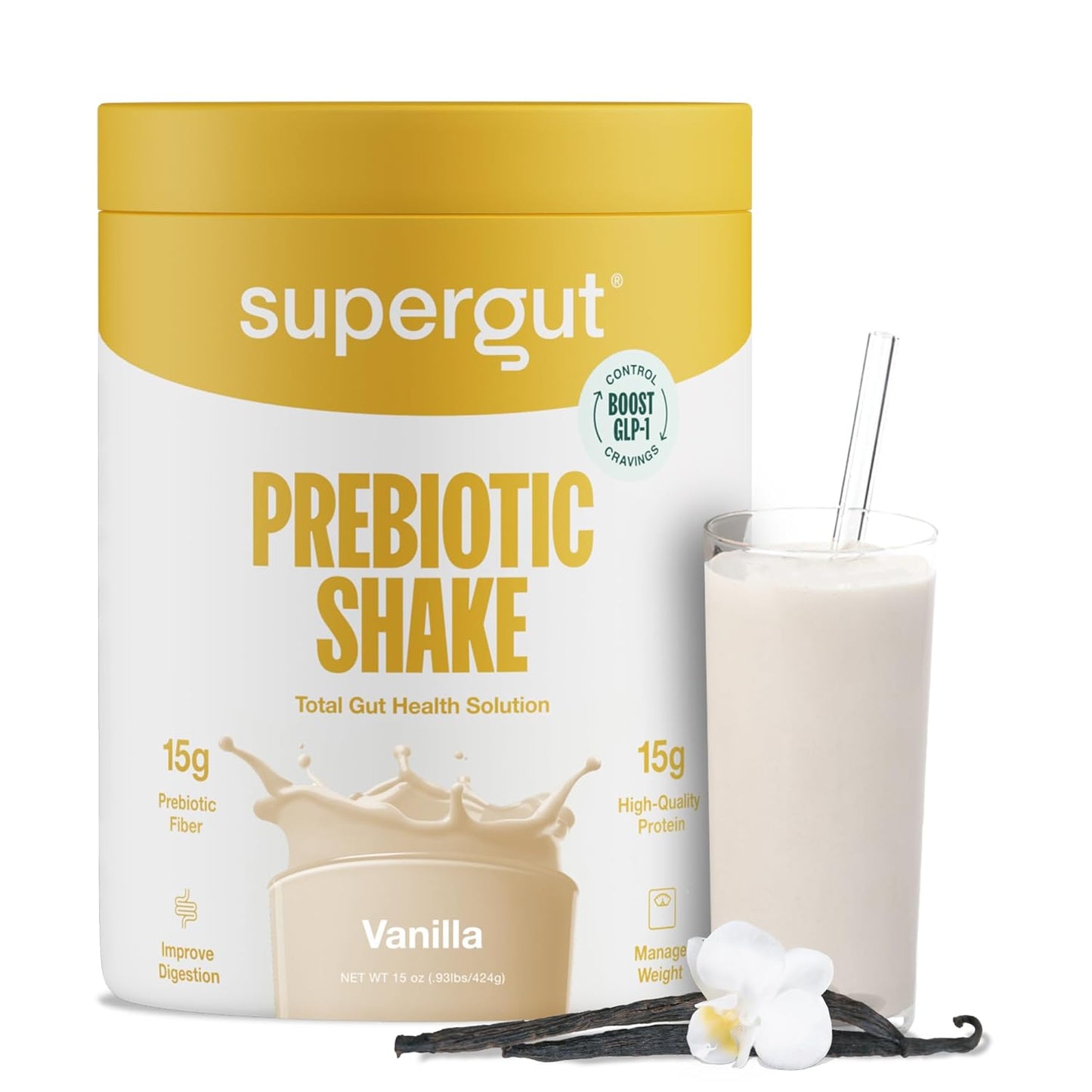 Supergut GLP-1 Boosting Prebiotic Shakes, Vanilla – Gut Healthy Meal Replacement with 15g Fiber, 15g Protein & 5g Net Carbs - Keto Friendly - 8 Servings