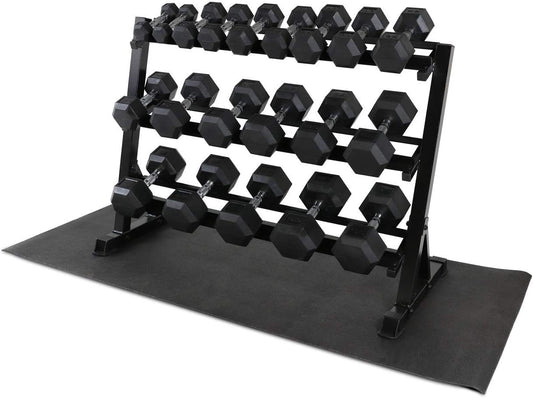 WF Athletic Supply Rubber Coated Hex Dumbbell Set, Multiple Choices Available - Dumbbells with Rack Stand and Mat, or Dumbbells Only (200/550/1200/2100/3000 LB)