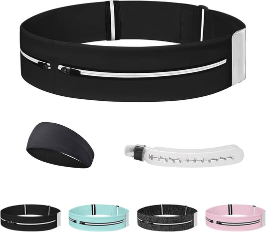 Running Belt for Women and Men, Adjustable Fanny Packs No Bounce Phone Holder for Running with Water Bottle & Headband, Waterproof Reflective Waist Packs for Runner Fits All Phones (M-Black)